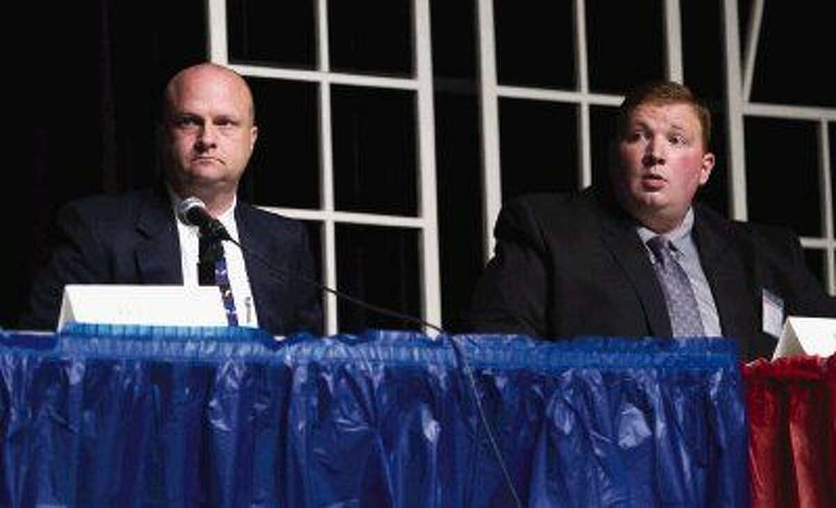 Incumbent Kenneth “Rowdy” Hayden and Harris County Precinct 4 Constable Deputy Tim Hayes, candidates for Precinct 4 Constable, speaks during a forum for various local, state and national races at the Crighton Theatre Wednesday, Dec. 16 in Conroe.
