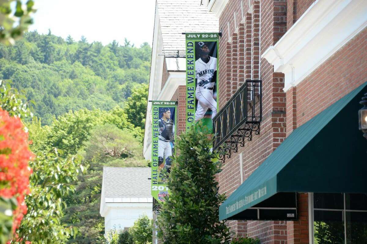 Banners representing 2016 National Baseball Hall of Fame inductees Ken Griffey Jr. and Mike Piazza stood in scenic Cooperstown, New York, prior to the induction ceremony. The Hall of Fame has held an induction ceremony almost every year since 1936.