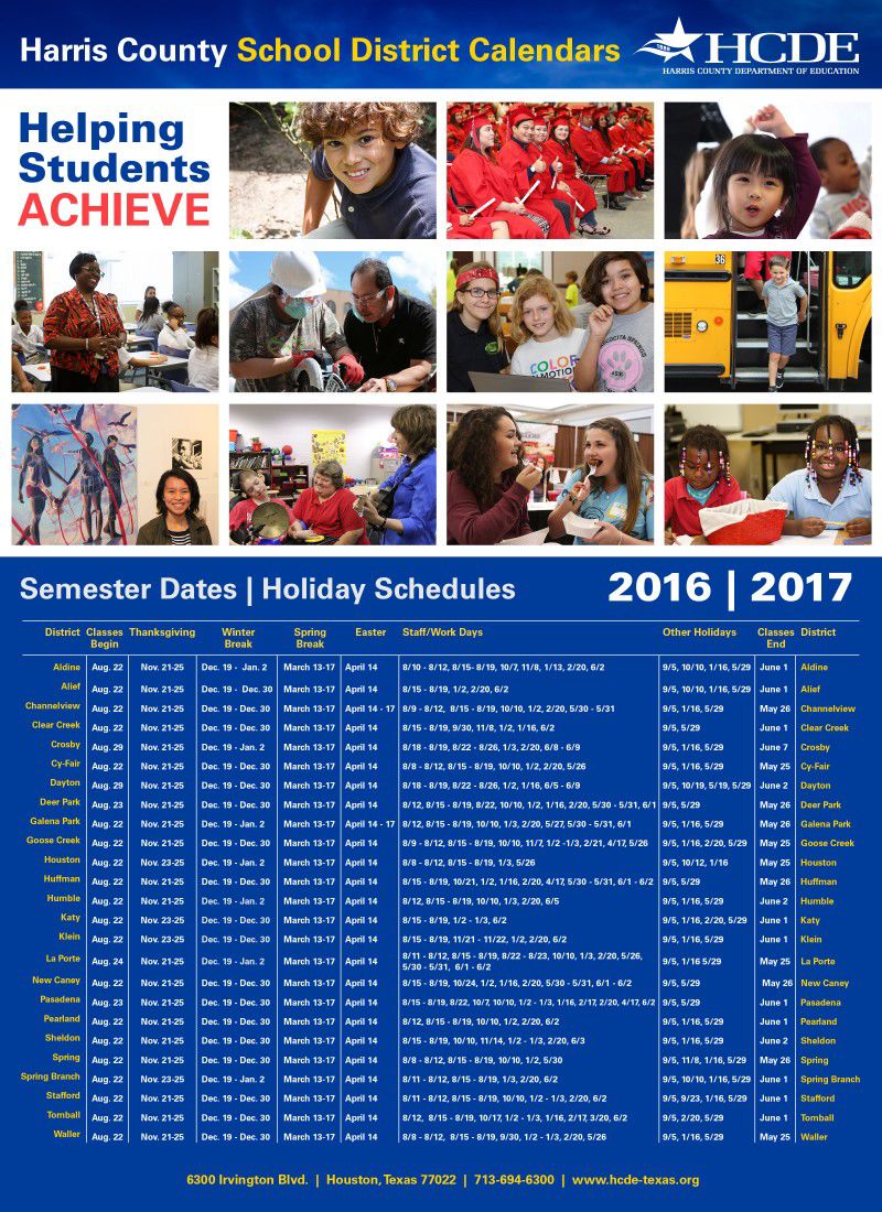 Dates for 25 area school districts available through Harris County  Department of Education 2016-2017 comprehensive calendar