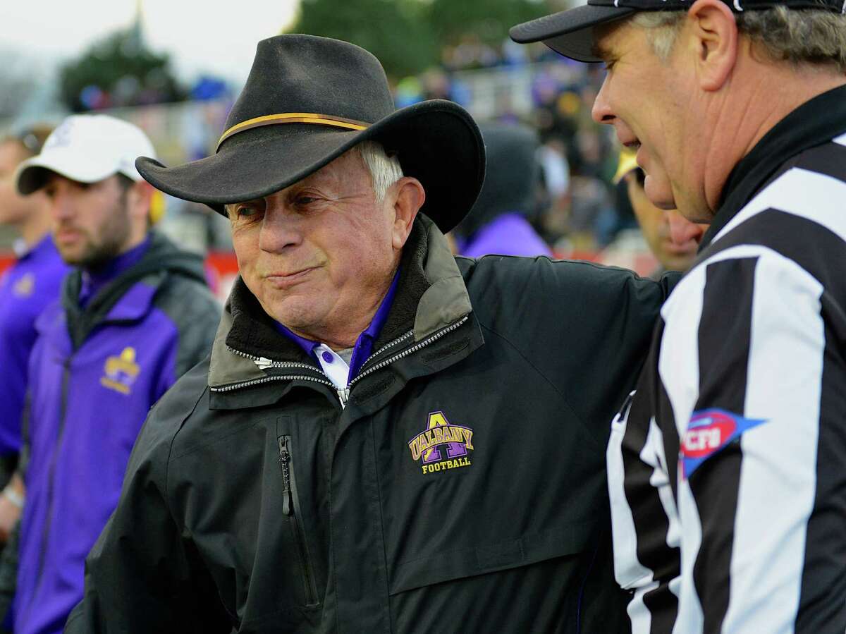 UAlbany coach Bob Ford chats with an official during his last game as coach, at Stony Brook on Saturday, Nov. 23, 2013. (UAlbany sports information)