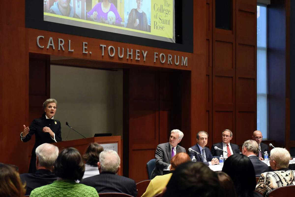 U.S. District Judge Loretta A. Preska, left, offers opening remarks for an event titled "Bribery or Just Access to Elected Officials: Tawdry Tales of Ferraris, Rolexes and Ball Gowns." at the College St. Rose Lally Forum on Thursday Oct. 6, 2016 in Albany , N.Y. Left to right, Times Union Editor Rex Smith, US Attorney Preet Bharara, E. Stewart Jones Jr.,criminal defense attorney, and Grant Jaquith, first assistant U.S. attorney for the Northern District of New York were part of a panel discussion. (Michael P. Farrell/Times Union)
