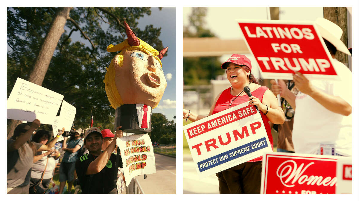 Left: An anti-Trump protester holds a Donald Trump piñata in Houston on Friday, June 17, 2016. Right: Sylvia Castillo joins other Trump supporters in Pasadena, TX, at a rally in support of the Republican candidate on Sept. 18, 2016.