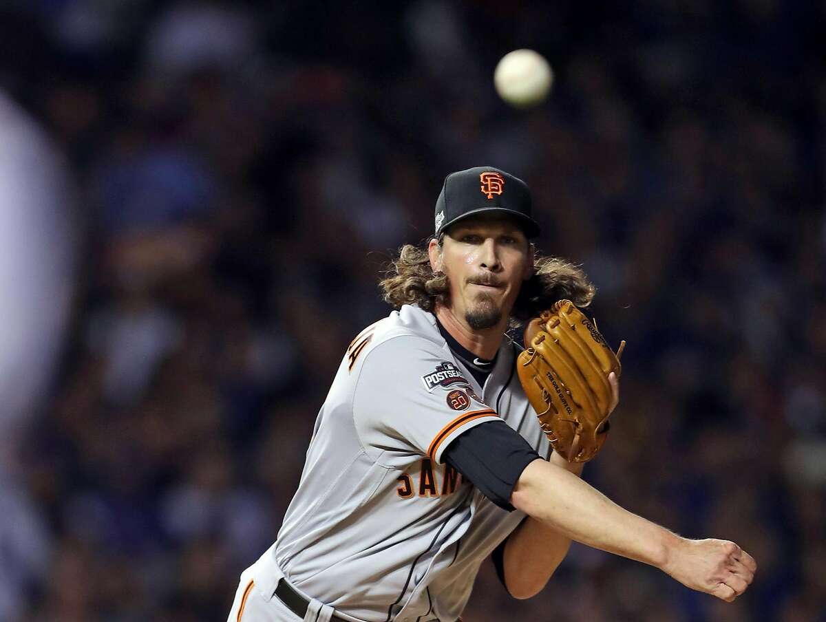 San Francisco Giants' Jeff Samardzija throws to first base in 1st inning against Chicago Cubs during Game 2 of the National League Division Series at Wrigley Field in Chicago. IL, on Saturday, October 8, 2016.