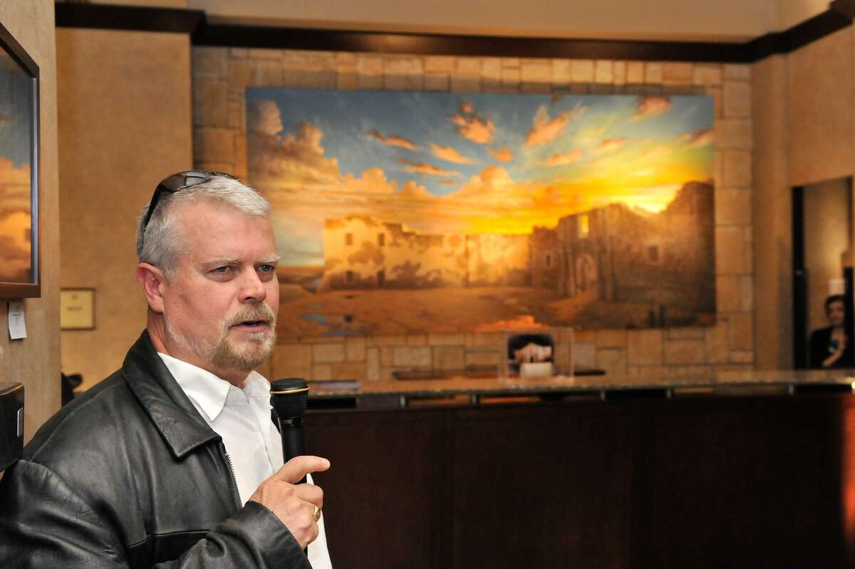 Artist Mark Lemon discusses his large painting of the Alamo after it was unveiled at the Emily Morgan Hotel in March 2012. Known for his attention to historical accuracy, Lemon painted the Alamo without a roof.