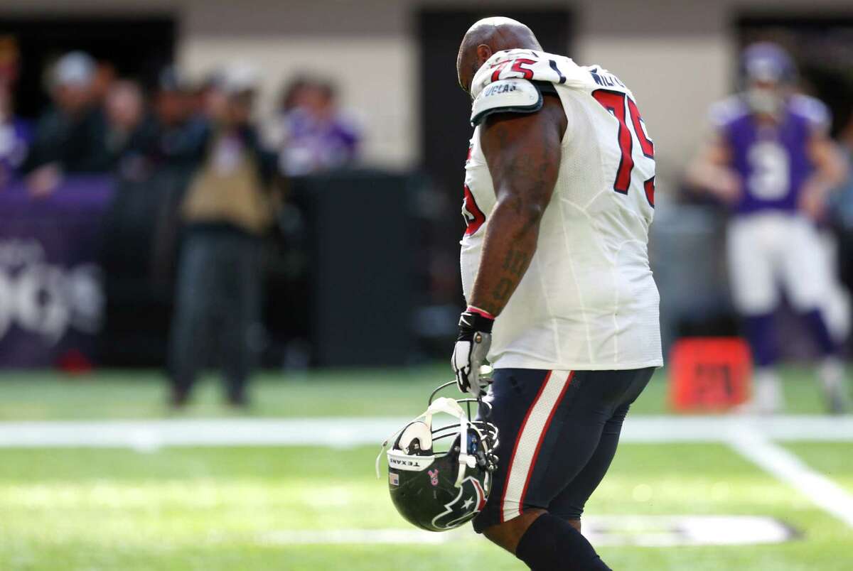Houston Texans nose tackle Vince Wilfork (75) walks down the field during the fourth quarter of an NFL football game against the Minnesota Vikings at U.S. Bank Stadium on Sunday, Oct. 9, 2016, in Minneapolis.