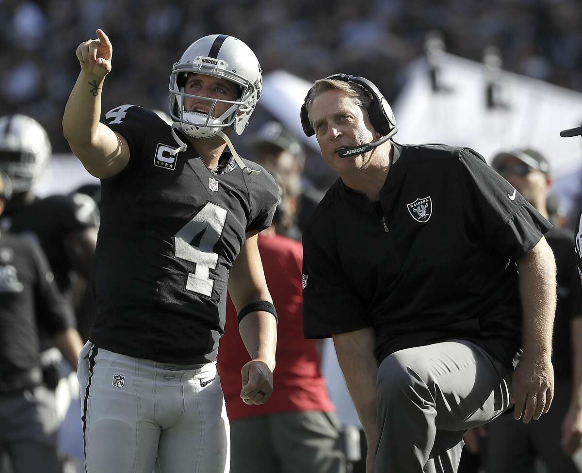 Oakland Raiders quarterback Derek Carr (4) and head coach Jack Del Rio watch a replay during the second half of an NFL football game against the San Diego Chargers in Oakland, Calif., Sunday, Oct. 9, 2016. (AP Photo/Marcio Jose Sanchez)