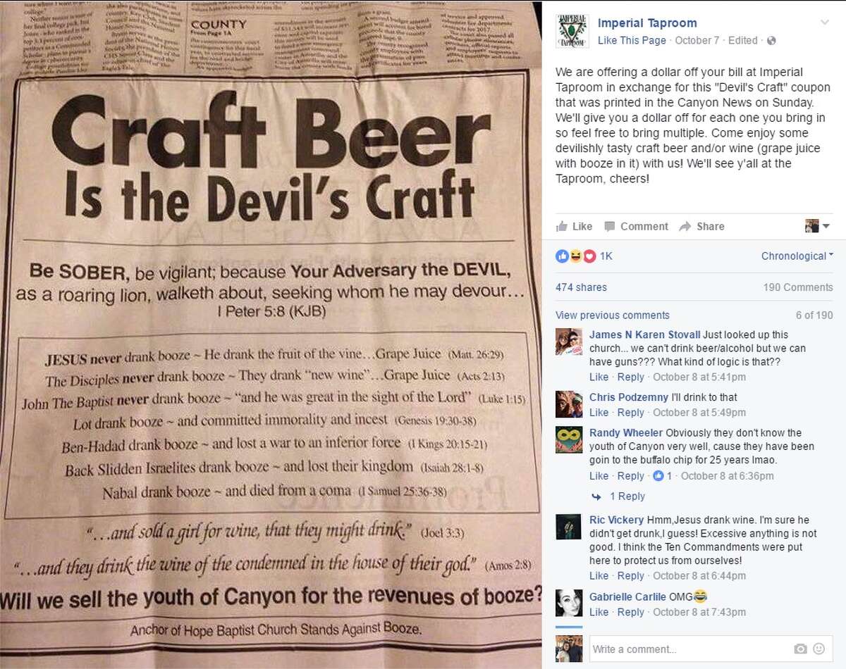 Imperial Taproom: "We are offering a dollar off your bill at Imperial Taproom in exchange for this 'Devil's Craft' coupon that was printed in the Canyon News on Sunday. We'll give you a dollar off for each one you bring in so feel free to bring multiple. Come enjoy some devilishly tasty craft beer and/or wine (grape juice with booze in it) with us! We'll see y'all at the Taproom, cheers!"