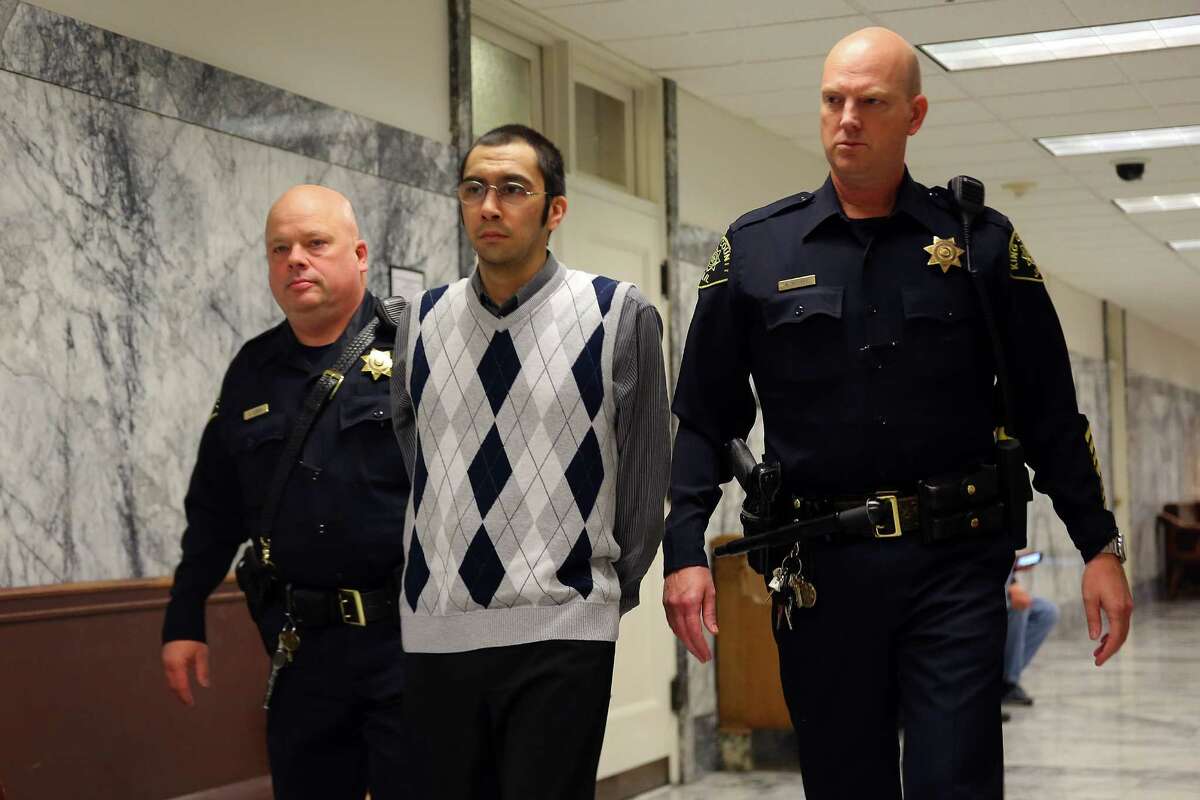 Aaron Ybarra is escorted to the courtroom on the first day of his trial for allegedly opening fire at Seattle Pacific University in June 2014, killing one victim Paul Lee and injuring two others, Oct. 10, 2016.