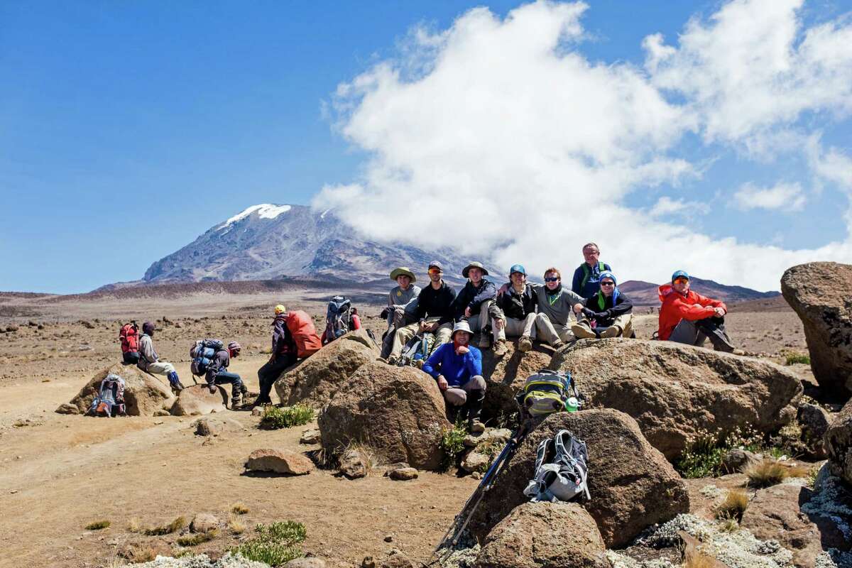 Brunswick students, led by faculty chaperones Danny Dychkowski (front) and Dan Griffin (back), took a break while approaching the final ascent of Mount Kilimanjaro in July. The group included (left to right): Dayton Kingery ’16, Matt Womble ’17, Brendan Forst ’17, Nate Stuart ’16, Christian LeSueur ’17, Charlie Knight ’17, and Ryan Hanrahan ’17.