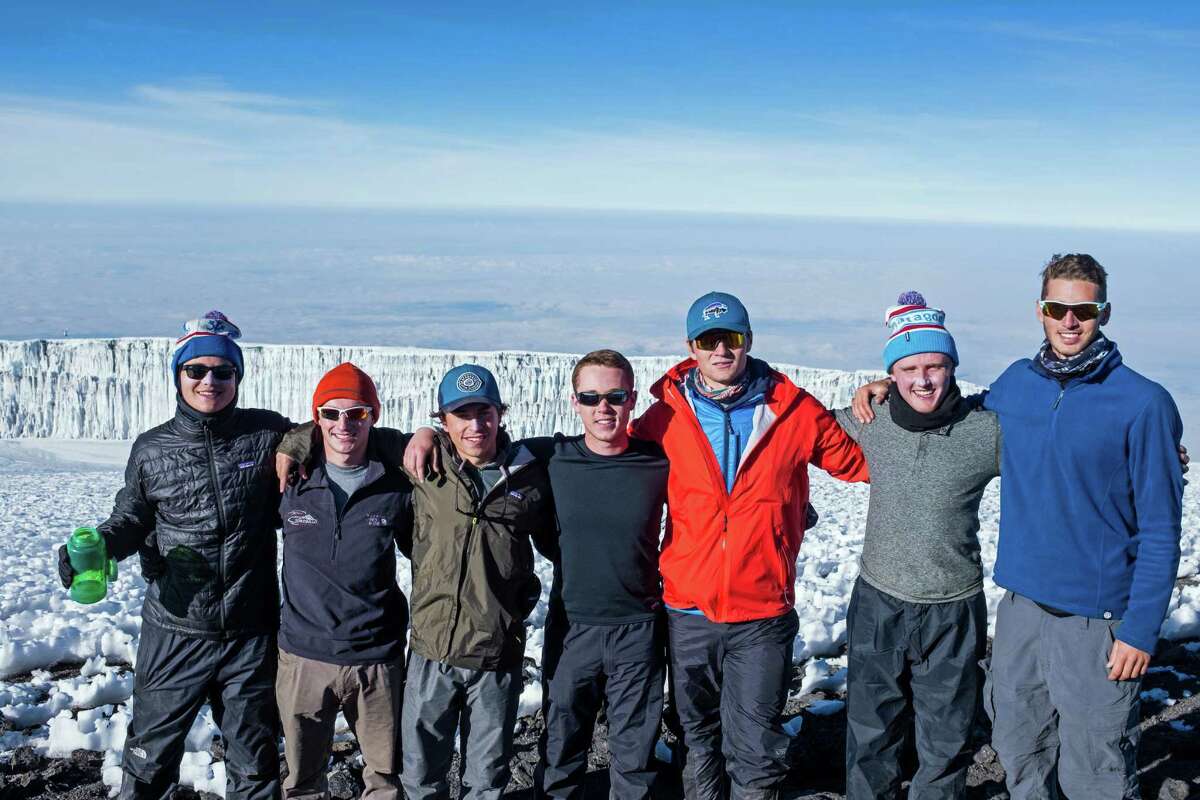 Brunswick students, atop Mount Kilimanjaro in July, included, left to right: Charlie Knight, Dayton Kingery, Nate Stuart, Brandon Forst, Ryan Hanrahan, Christian LeSueur and Matt Womble.