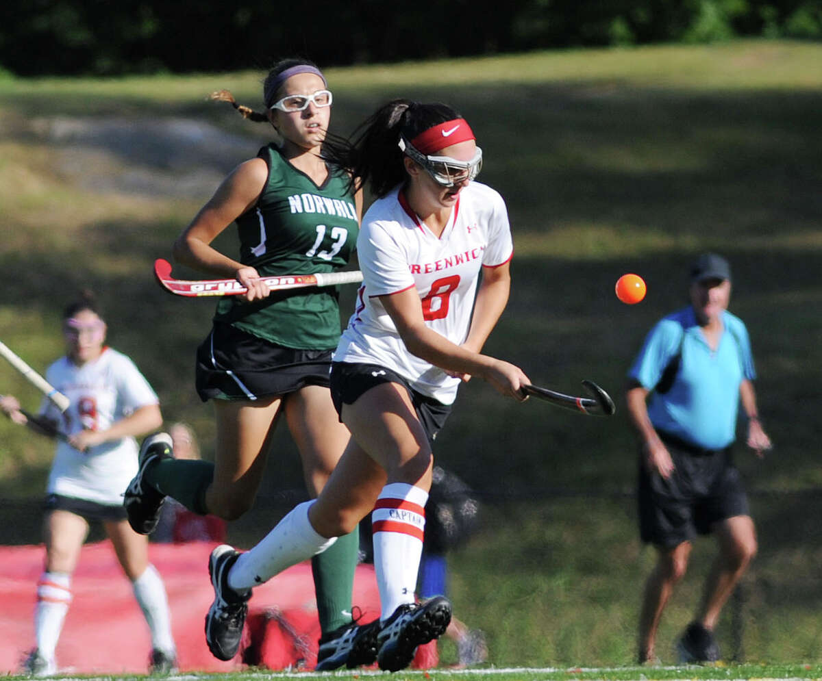 Greenwich’s Paige Mautner (8) scored three goals in a 4-2 defeat of Pomperaug on Monday.