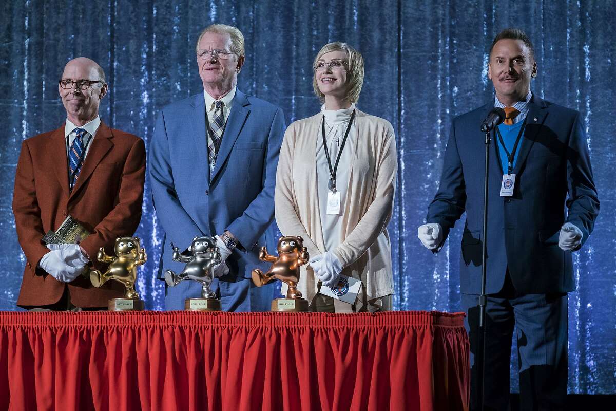 This image released by Netflix shows, Bob Balaban, Ed Begley Jr., Jane Lynch and Michael Hitchcock in a scene from "Mascots." (Scott Garfield/Netflix via AP)