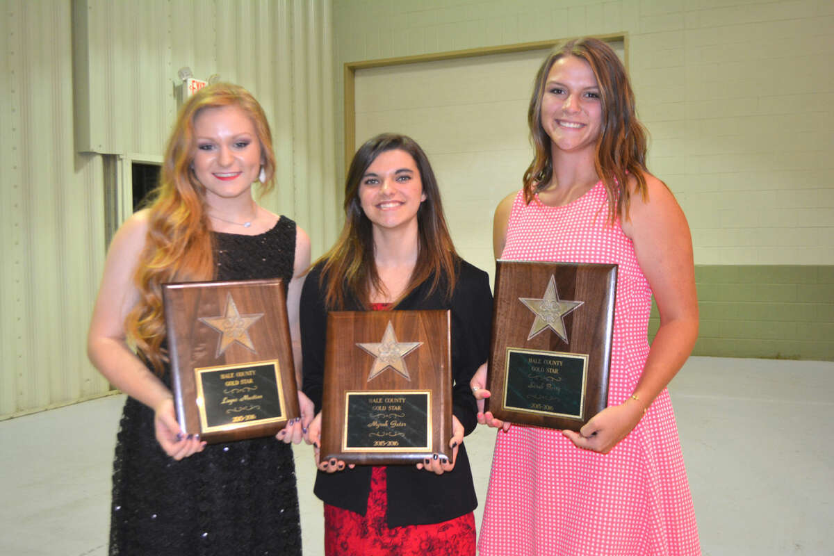 Hale County 4-H Gold Star winners, announced Saturday at the Annual 4-H Achievement Banquet, include Layne Mustian (left) of Plainview, 4-H Horse Club; Myrah Geter of Abernathy 4-H and Sarah Berry of Cotton Center 4-H. The Gold Star Award is the top local award in 4-H, and the recipients will next be recognized at the District 2 Gold Star Banquet.