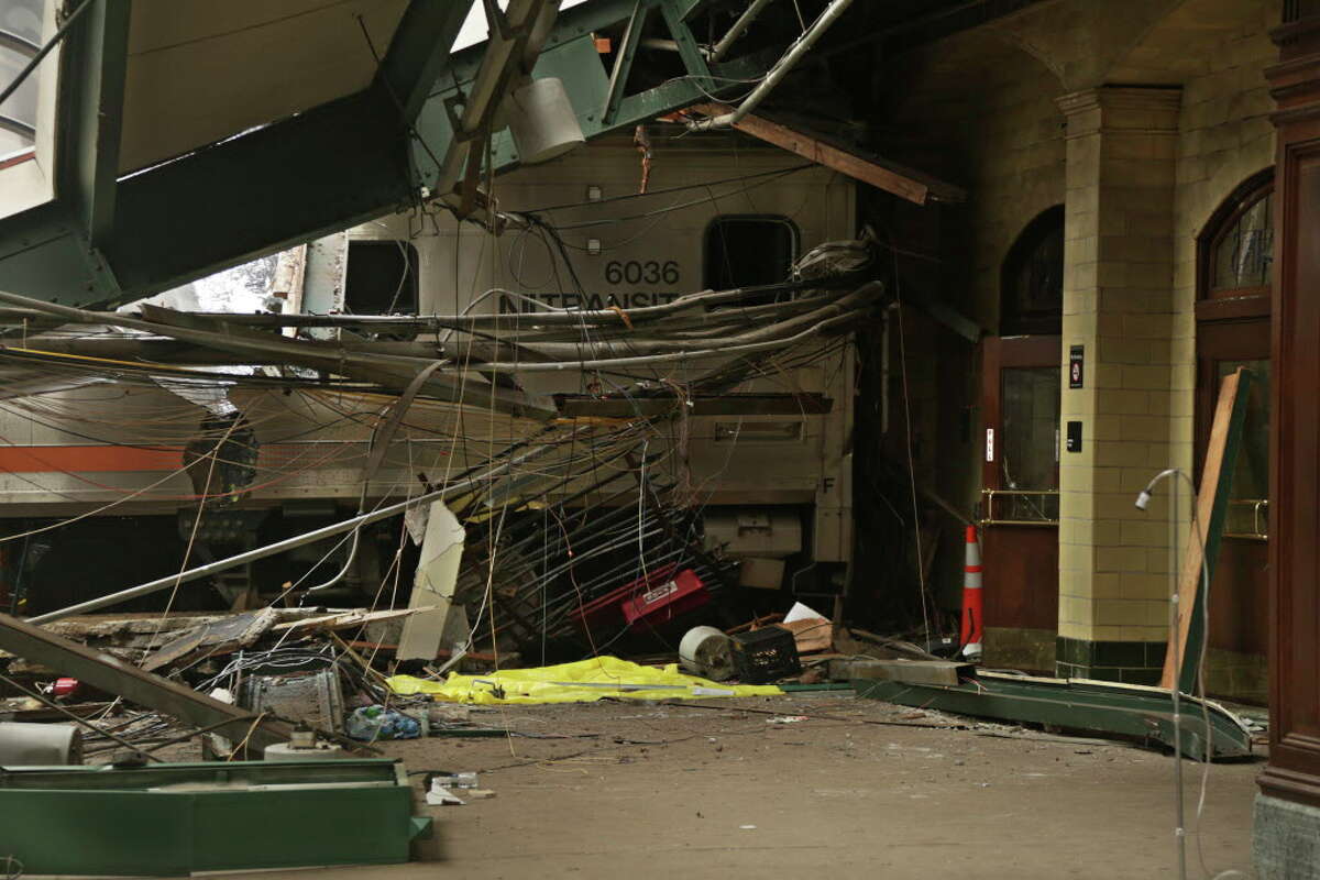Damage done to the Hoboken Terminal in Hoboken, N.J., after a commuter train crash that killed one person and injured more than 100 others last week.