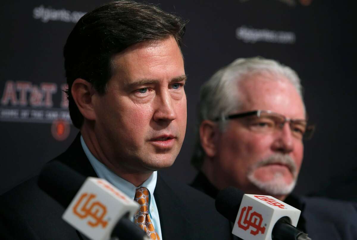 General Manager Bobby Evans discusses the 2016 season with Brian Sabean at AT&T Park in San Francisco, Calif. on Thursday, Oct. 13, 2016, two days after the Giants were eliminated in the NLDS by the Chicago Cubs.