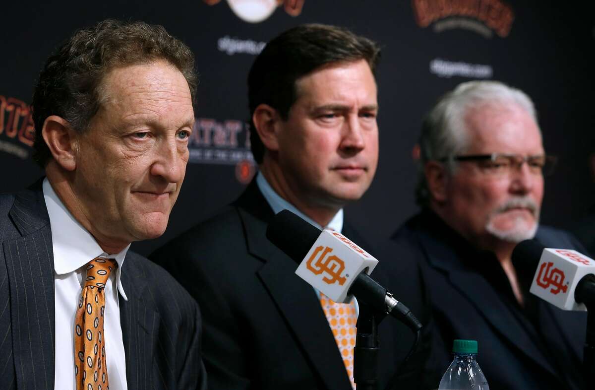 Larry Baer (left) comments on the 2016 season with Bobby Evans and Brian Sabean at AT&T Park in San Francisco, Calif. on Thursday, Oct. 13, 2016, two days after the Giants were eliminated in the NLDS by the Chicago Cubs.