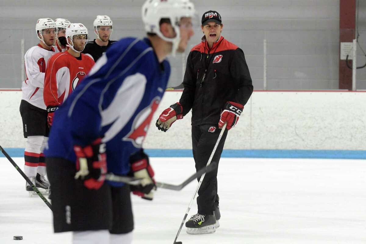 Albany Devils coach Rick Kowalsky instructs his players during practice at Knickerbacker Ice Arena on Monday, Oct. 3, 2016, in Troy, N.Y. (Paul Buckowski / Times Union) ORG XMIT: ALB1610031519503279