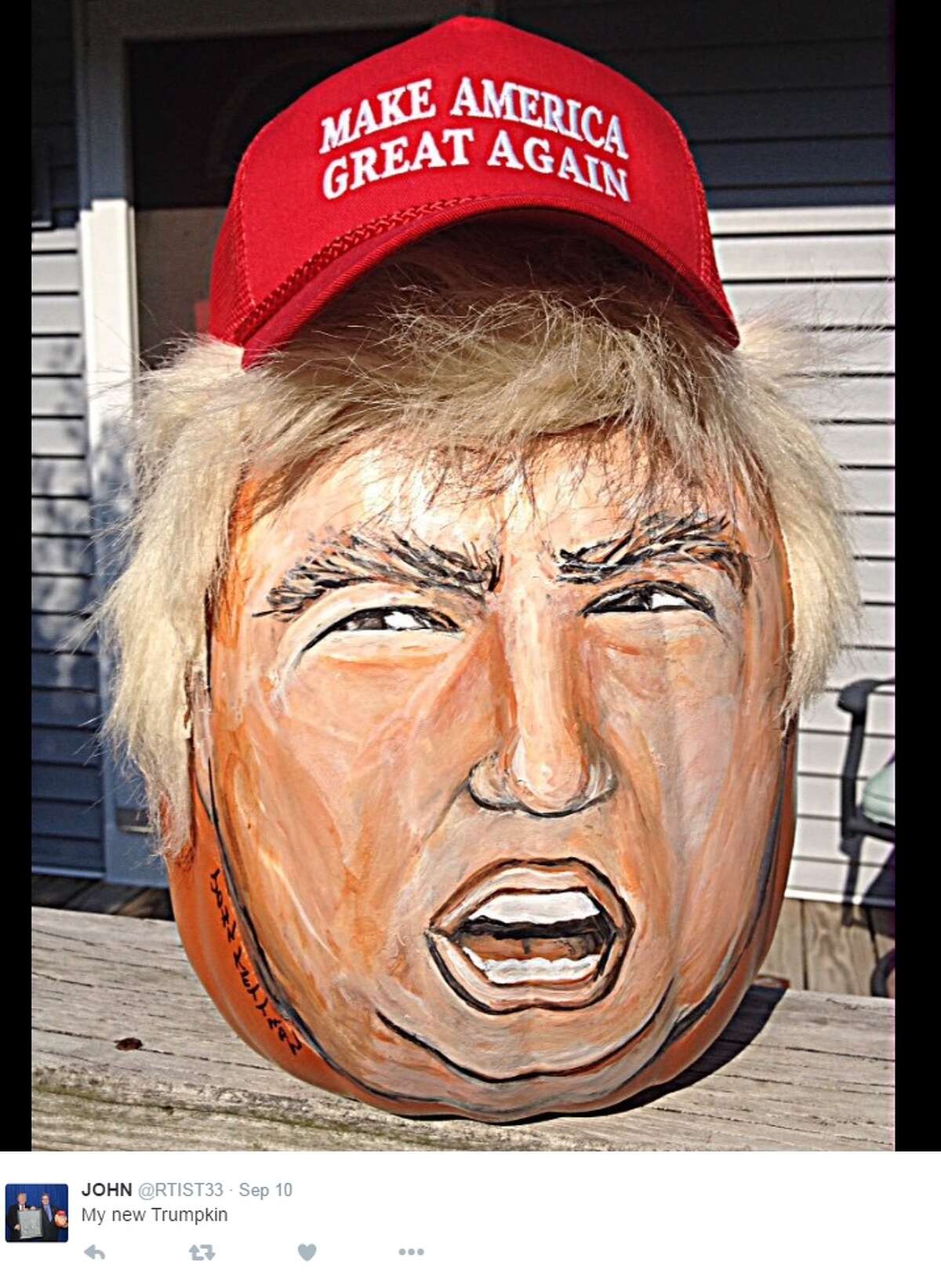 "Trumpkins" are pumpkins carved or painted to look like Donald Trump, the Republican nominee for president.