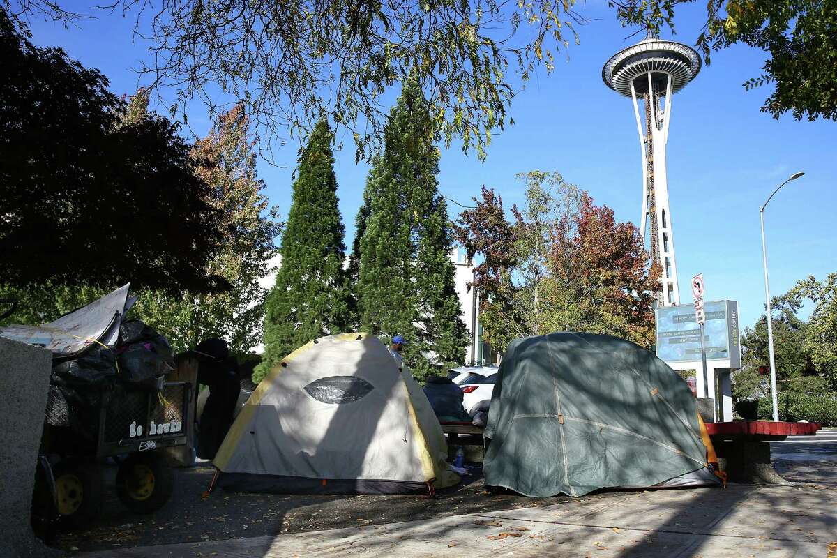 Since the "Jungle" homeless encampment has been emptied of its 300-400 residents, smaller encampments have sprung up around the city, including this one at the corner of Denny Way and Broad Street. Photographed Oct. 12, 2016.