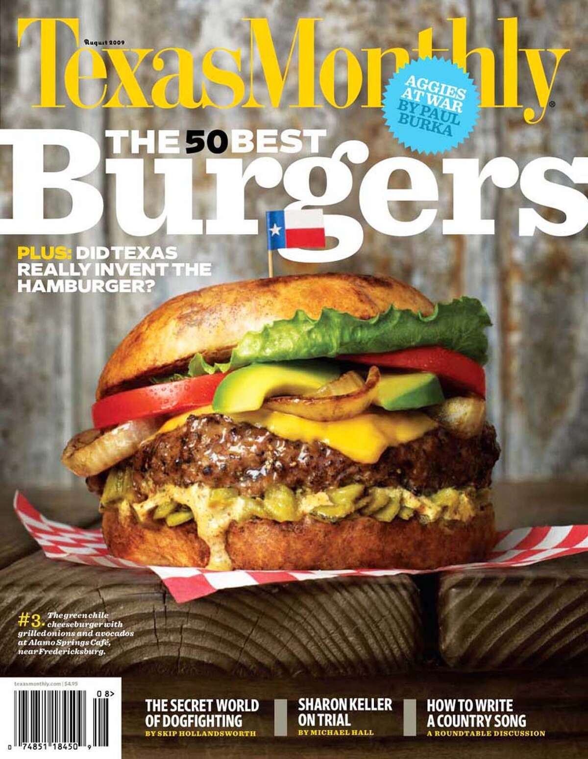 MAGAZINE COVER - Texas Monthly cover of August issue listing the 50 best burgers in Texas. Credit: Texas Monthly