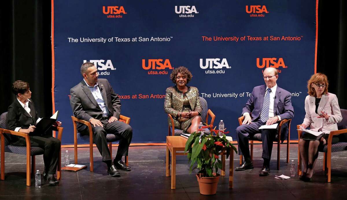 State Sen. Donna Campbell, (from left) James Quintero of the Texas Public Policy Foundation, Live Oak Mayor Mary M. Dennis, and County Judge Nelson Wolff participate in a town hall discussion on property tax revenue caps moderated by Francine Romero, associate dean of the University of Texas at San Antonio's College of Public Policy Thursday Oct. 13, 2016 at the UTSA downtown campus.
