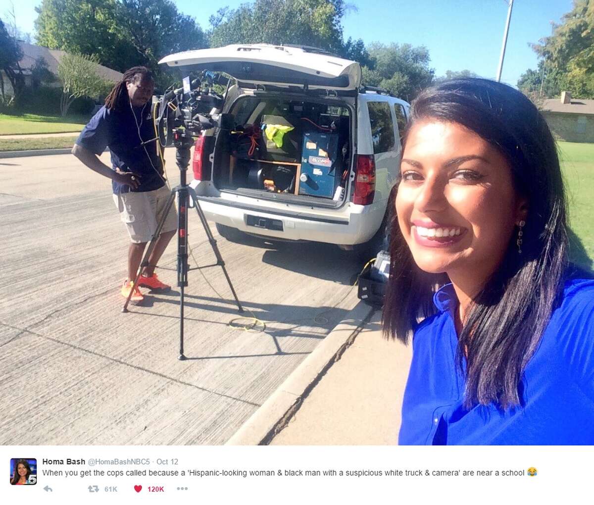 @HomaBashNBC5: "When you get the cops called because a 'Hispanic-looking woman & black man with a suspicious white truck & camera' are near a school"