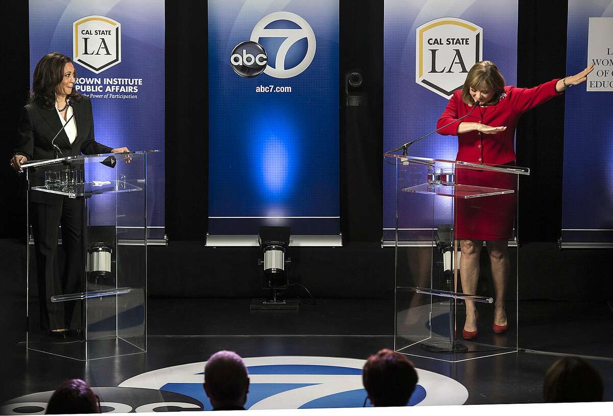 Harris faces packed U.S. Senate candidate field, narrows it down to Sanchez The candidate field for Barbara Boxer's U.S. Senate seat in 2016 was deep, with over 30 people vying for the seat, including Green Party and independent candidates. Harris was one of eight Democratic candidates. Under California's nonpartisan blanket primary system, all candidates appear on the same ballot, regardless of their party affiliation and the two candidates who get the most primary votes face off against each other in the general election. Harris and Congresswoman Loretta Sanchez (pictured) were the top vote getters in the primary and shook off the rest of the candidates to take on each other in the general. Only a couple of weeks after the primary election, California Gov. Jerry Brown endorsed Harris for the U.S. Senate seat. His endorsement was one of a slew of endorsements to come from California's Democratic establishment. The U.S. Senate race between Harris and Rep. Loretta Sanchez, D-Orange, had few heated moments, but this photo was probably the most famous one. The Orange County congresswoman capped an hour-long debate with her fellow Democrat by mimicking a dance move popularized by NFL star Cam Newton. In this Oct. 5, 2016 file photo, Rep. Loretta Sanchez, D-Orange, right, "dabs" at the conclusion of her debate with Harris, left, in Los Angeles. 