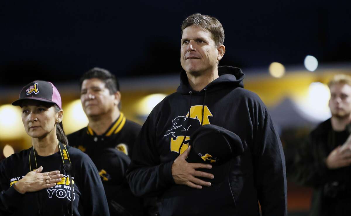 Jim Harbaugh watches Najee Harris play at Antioch High