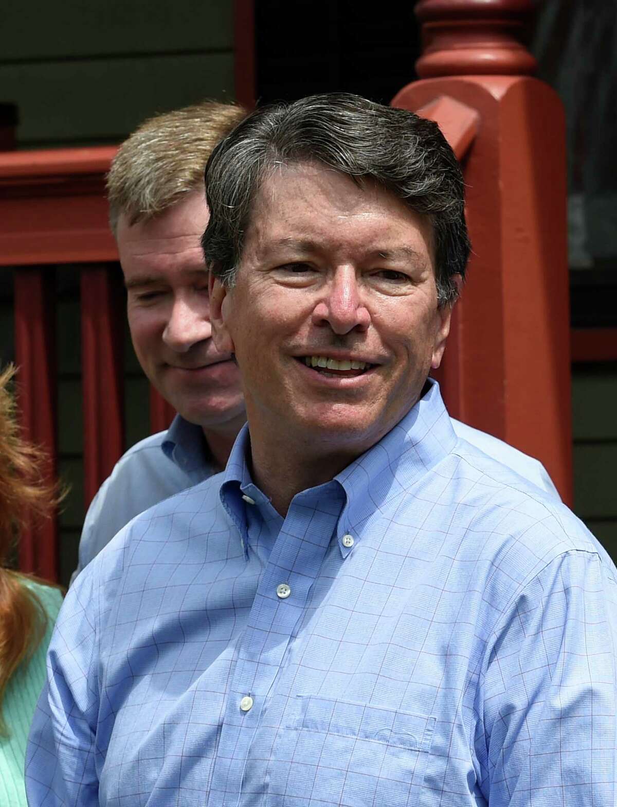 John Faso accepts the endorsement of U.S. Rep. Chris Gibson for his seat in Congress on Monday, July 18, 2016, outside Gibson's home in Kinderhook, N.Y. (Skip Dickstein/Times Union)