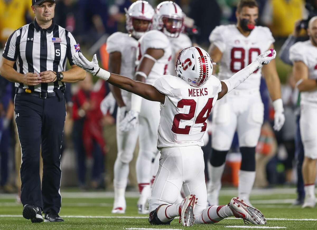 SOUTH BEND, IN - OCTOBER 15: Quenton Meeks #24 of the Stanford Cardinal celebrates following the game against the Notre Dame Fighting Irish at Notre Dame Stadium on October 15, 2016 in South Bend, Indiana. Stanford defeated Notre Dame 17-10. (Photo by Michael Hickey/Getty Images)