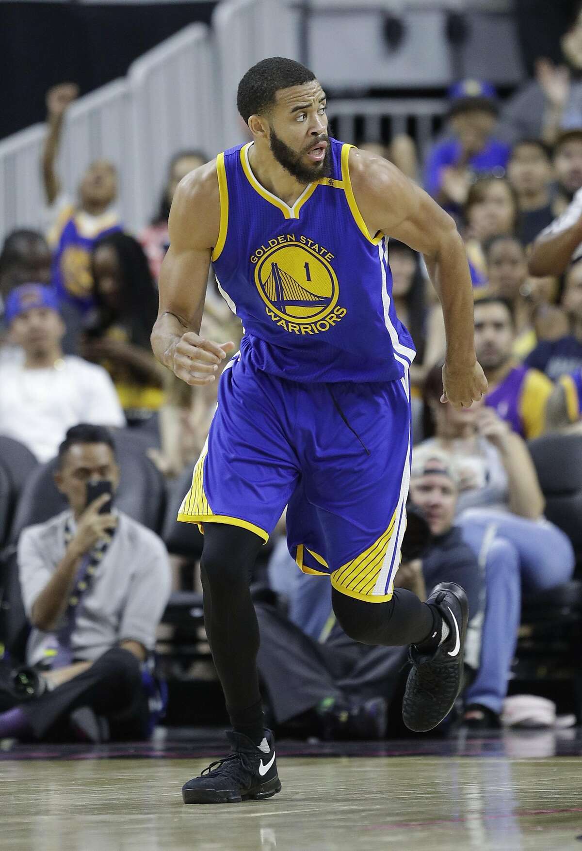 Golden State Warriors' JaVale McGee (1) plays against the Los Angeles Lakers during an NBA preseason basketball game Saturday, Oct. 15, 2016, in Las Vegas. (AP Photo/John Locher)