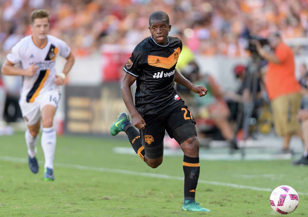 Boniek Garcia (27) of the Houston Dynamo looks to pass the ball in the first half against the LA Galaxy in an MLS game on Sunday, October 16, 2016 at BBVA Compass Stadium in Houston Texas.
