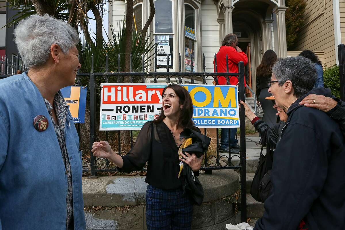 Hillary Ronen (center) talks with volunteer Fran Taylor (left) and Iris Biblowitz (right) outside of the San Francisco Tenants Union before they leave to knock on doors in the Mission neighborhood on Saturday, Oct. 15, 2016 in San Francisco, Calif.