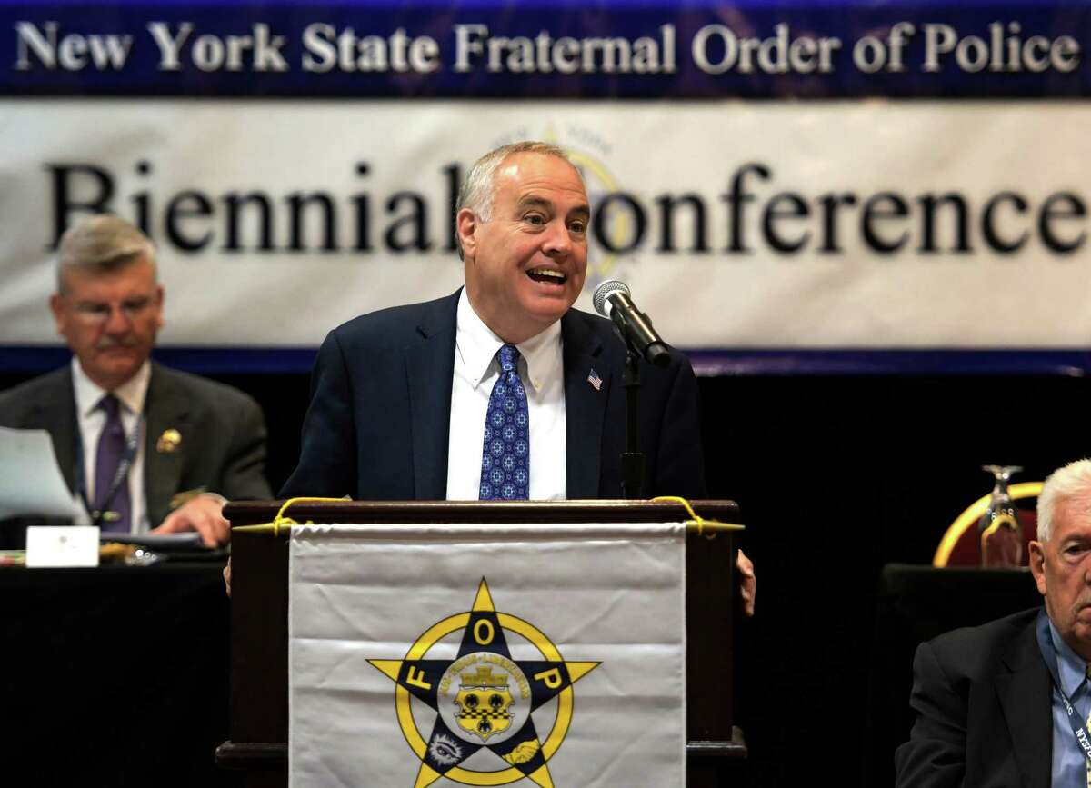 New York State Comptroller Thomas DiNapoli addresses the New York State Fraternal Order of Police 2106 Biennial Conference Monday Oct. 17, 2016 at the Marriott in Albany , N.Y. (Skip Dickstein/Times Union)