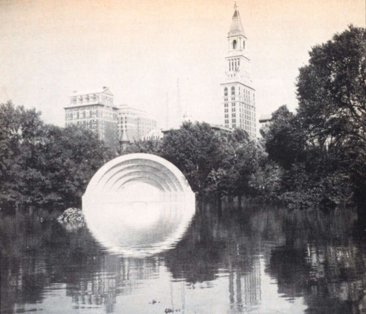 The Music Shell in Bushnell Park which was now functioning as a reflecting pool. Flooding in the aftermath of the 1938 New England Hurricane. Hartford, Connecticut - September 22, 1938