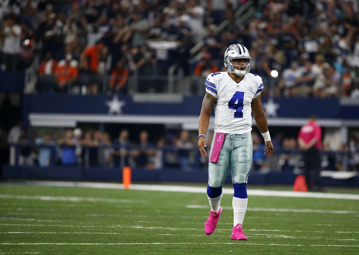Dallas Cowboys quarterback Dak Prescott (4) walks up to the line of scrimmage during an NFL football game against the Cincinnati Bengals on Sunday, Oct. 9, 2016, in Arlington. (AP Photo/Ron Jenkins)