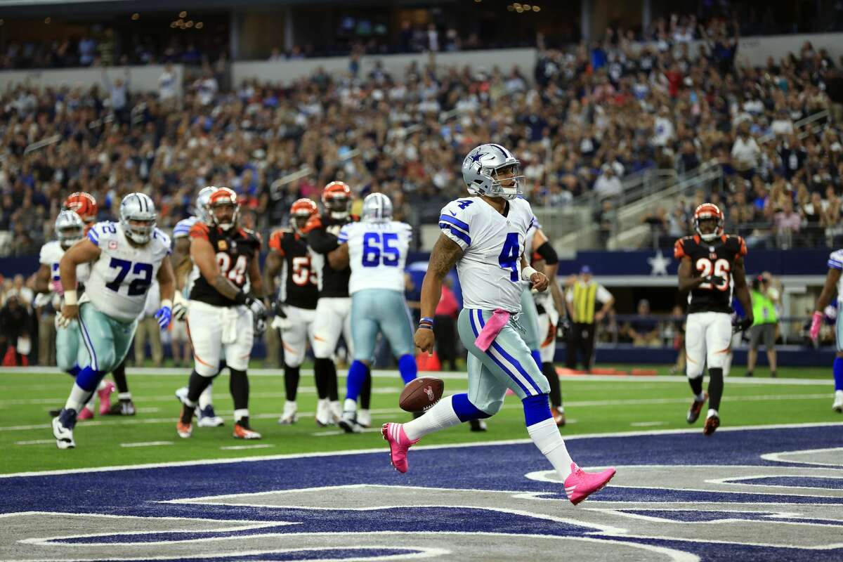 Dallas Cowboys quarterback Dak Prescott (4) scores a touchdown on a running play against the Cincinnati Bengals during an NFL football game, Sunday, Oct. 9, 2016, in Arlington. (AP Photo/Ron Jenkins)