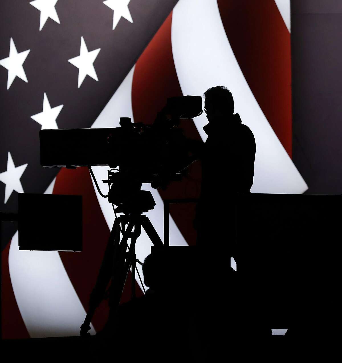 A television camera operator tests his position during a rehearsal for the third presidential debate between Republican presidential nominee Donald Trump and Democratic presidential nominee Hillary Clinton at UNLV in Las Vegas, Tuesday, Oct. 18, 2016. (AP Photo/Patrick Semansky)