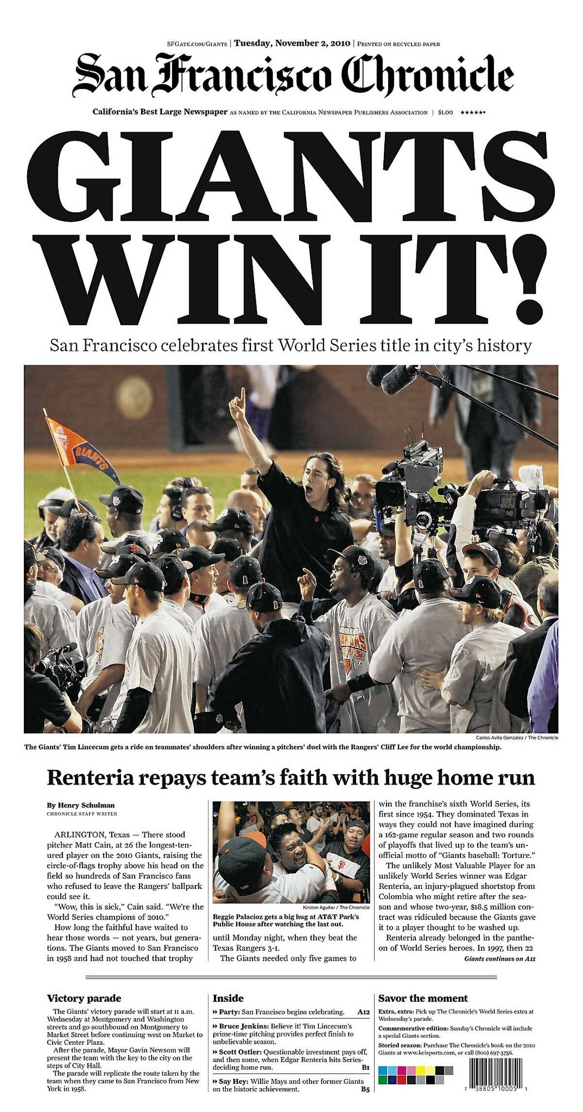 Historic Chronicle Front Page November 02, 2010 San Francisco Giants win the cities' first World Series Chron365, Chroncover