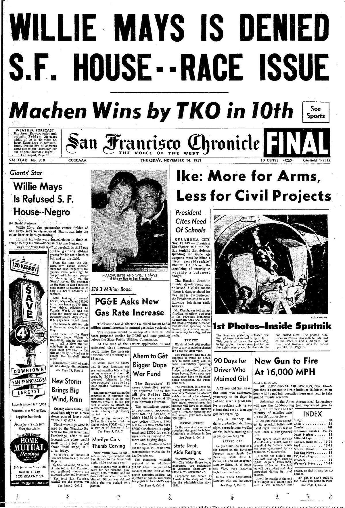 Historic Chronicle Front Page November 14, 1957 Willie Mays is denied his plan to buy a house in San Francisco, because of his race Chron365, Chroncover