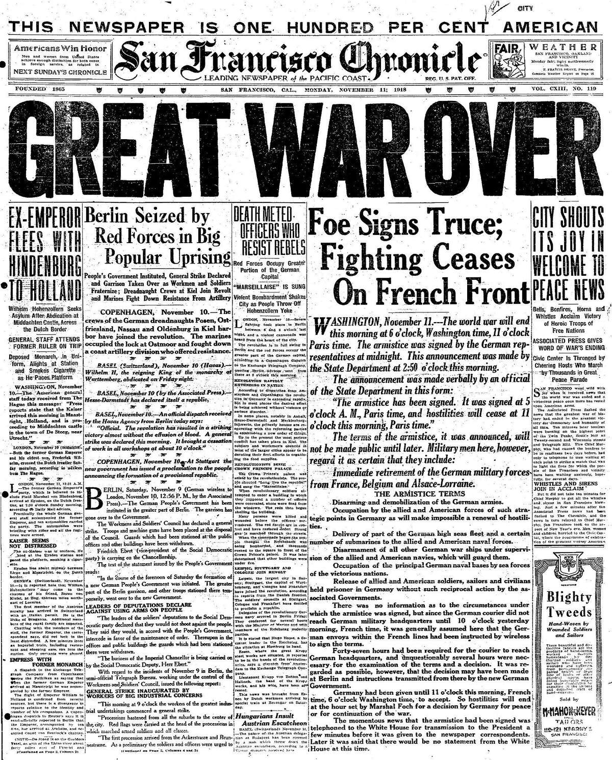 历史编年史头版1918年11月11日，和平，第一次世界大战结束