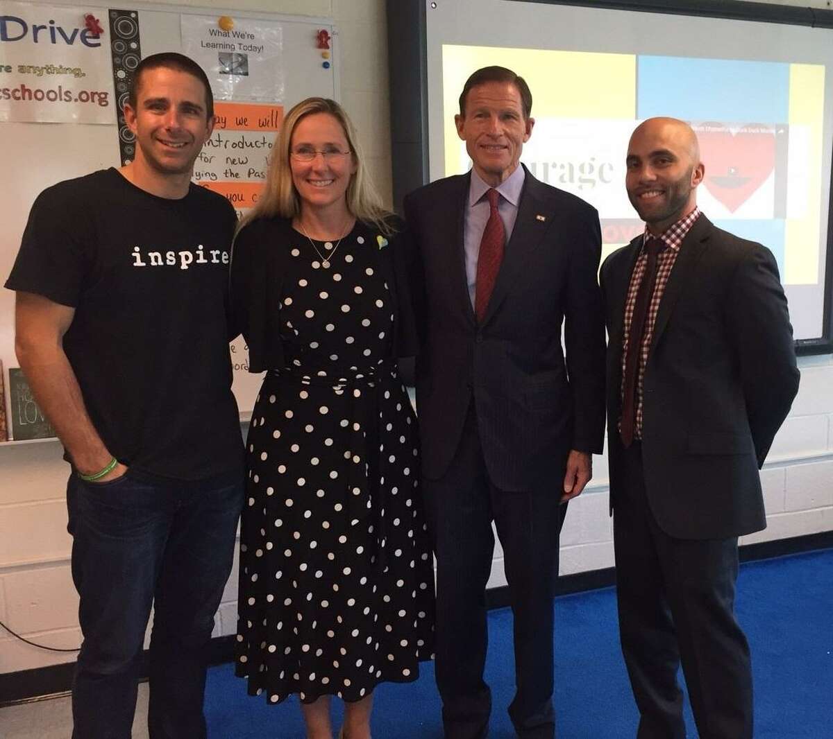 From left, teacher Jimmy Sapia; Scarlett Lewis, president of the Jesse Lewis Choose Love Movement; U.S. Sen. Richard Blumenthal and Principal Jason Martin at Rippowam Middle School Tuesday morning.