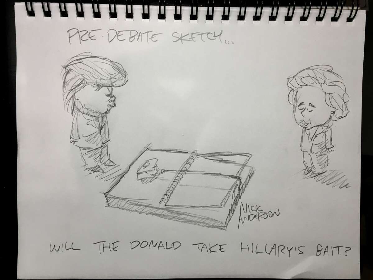 "Will The Donald take Hillary's bait?" Houston Chronicle editorial cartoon writer Nick Anderson "live sketches" the final presidential debate.