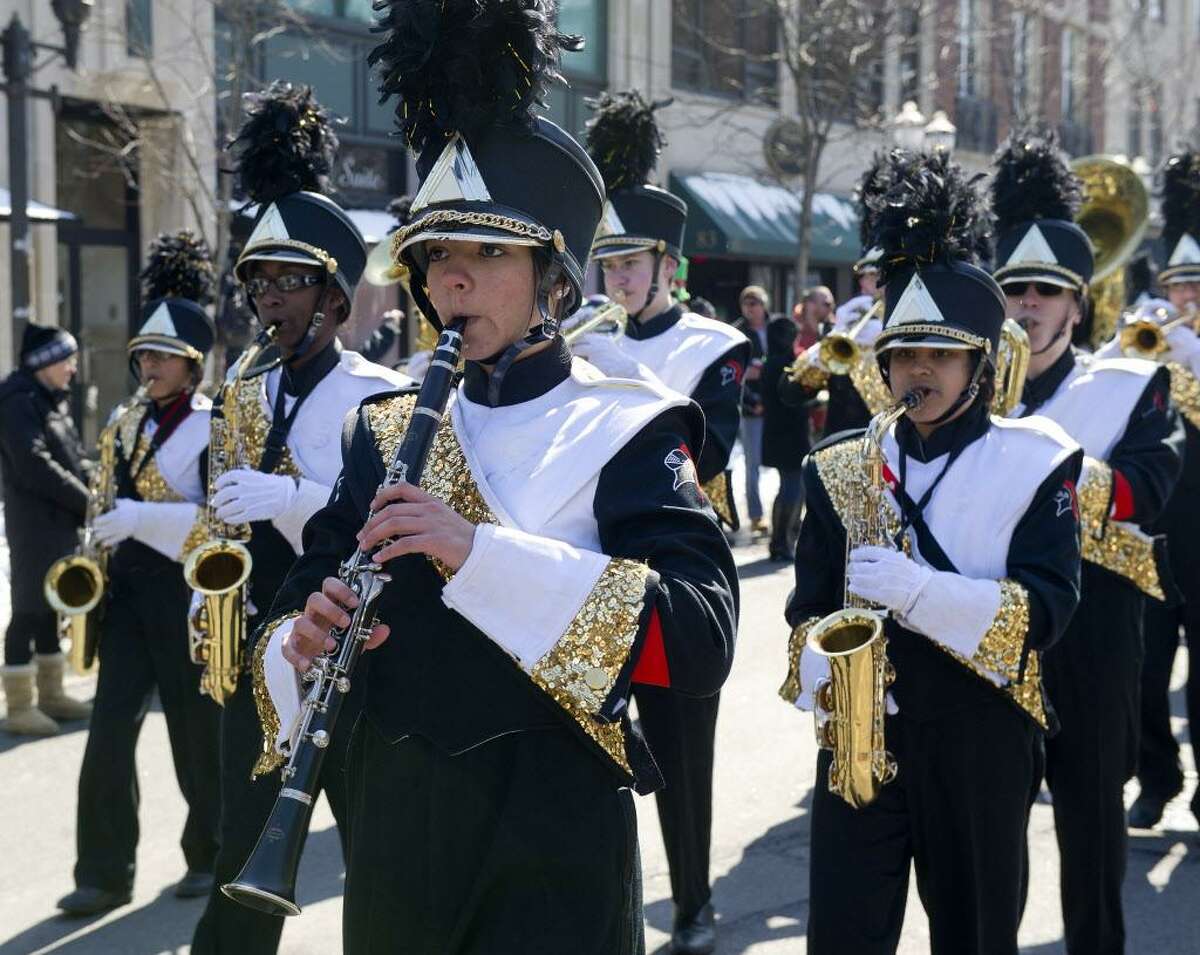 FILE — The Stamford High School marching band performs during the St. Patrick's Day Parade in Stamford, Conn., on Saturday, March 7, 2015.