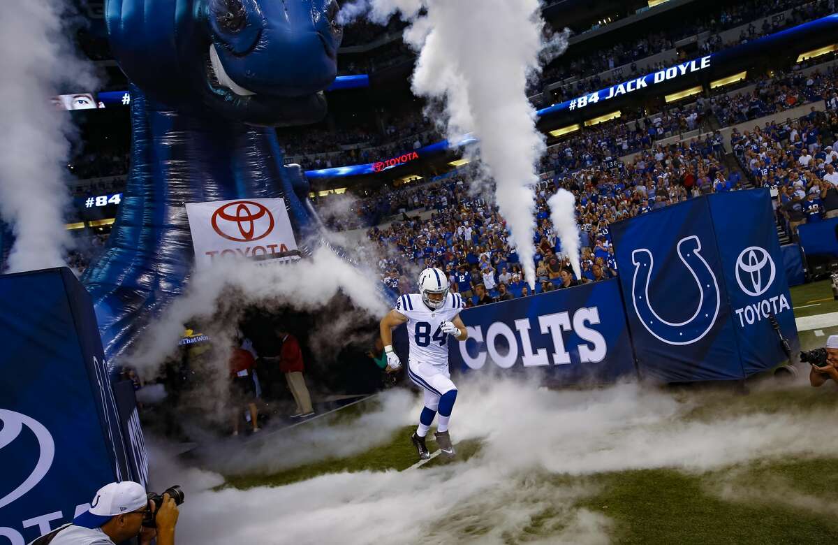INDIANAPOLIS, IN - AUGUST 20: Jack Doyle #84 of the Indianapolis Colts takes the field during player intros before the game against the Baltimore Ravens at Lucas Oil Stadium on August 20, 2016 in Indianapolis, Indiana. (Photo by Michael Hickey/Getty Images)