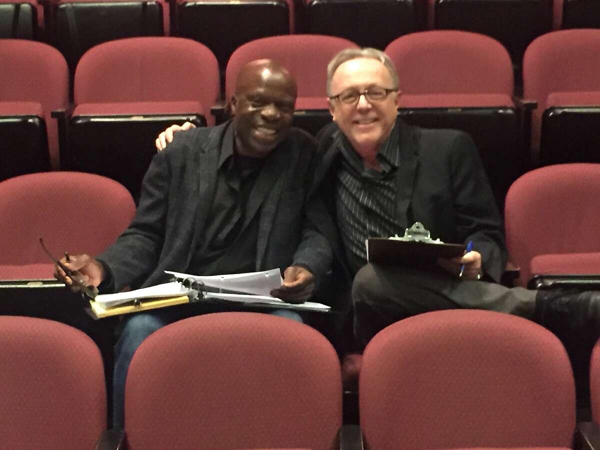 L-R, Safe House director L. Peter Callender and Aurora Artistic Director Tom Ross exchange rehearsal notes. Credit: Courtesy Aurora Theatre Company