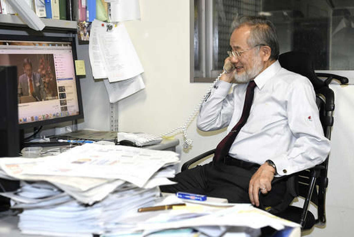 Japanese scientist Yoshinori Ohsumi answers a phone call following a news that he won this year's Nobel Prize in medicine at his office in the Tokyo Institute of Technology campus in Yokohama, south of Tokyo, Monday, Oct. 3, 2016. Ohsumi was awarded this year's Nobel Prize in medicine on Monday, Oct. 3, for discoveries related to the degrading and recycling of cellular components. The Karolinska Institute honored Ohsumi for "brilliant experiments" in the 1990s on autophagy, the machinery with which cells recycle their content. Disrupted autophagy has been linked to various diseases including Parkinson's, diabetes and cancer, the institute said. (Junko Ozaki/Kyodo News via AP)