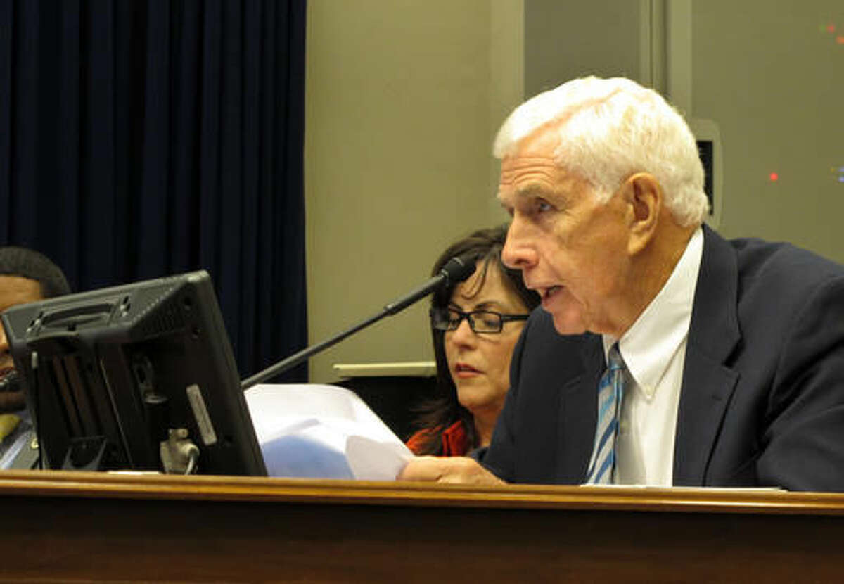 State Rep. Rogers Pope, R-Denham Springs, asks questions about a Medicaid contract during a meeting of the House and Senate health care committees, Thursday, Oct. 6, 2016, in Baton Rouge, La. The committees agreed to a one-year, $46 million contract extension for the company that processes bills for Medicaid services. (AP Photo/Melinda Deslatte)
