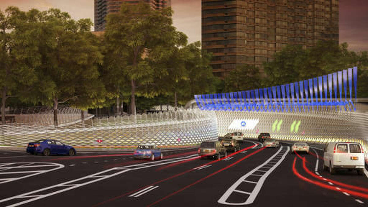 In this artist rendering provided by the office of New York Gov. Andrew Cuomo, cars approach a fully-automated toll system at the entrance to New York's Queens-Midtown Tunnel in Manhattan. Cuomo has unveiled a futuristic plan for New York City that includes color LED illumination of bridges, completely automated toll booths and driver facial recognition cameras for tighter security. The governor presented what he calls his "New York Crossings Project" on Wednesday Oct. 5, 2016, at the New-York Historical Society in Manhattan. (NY Governor's Office via AP)