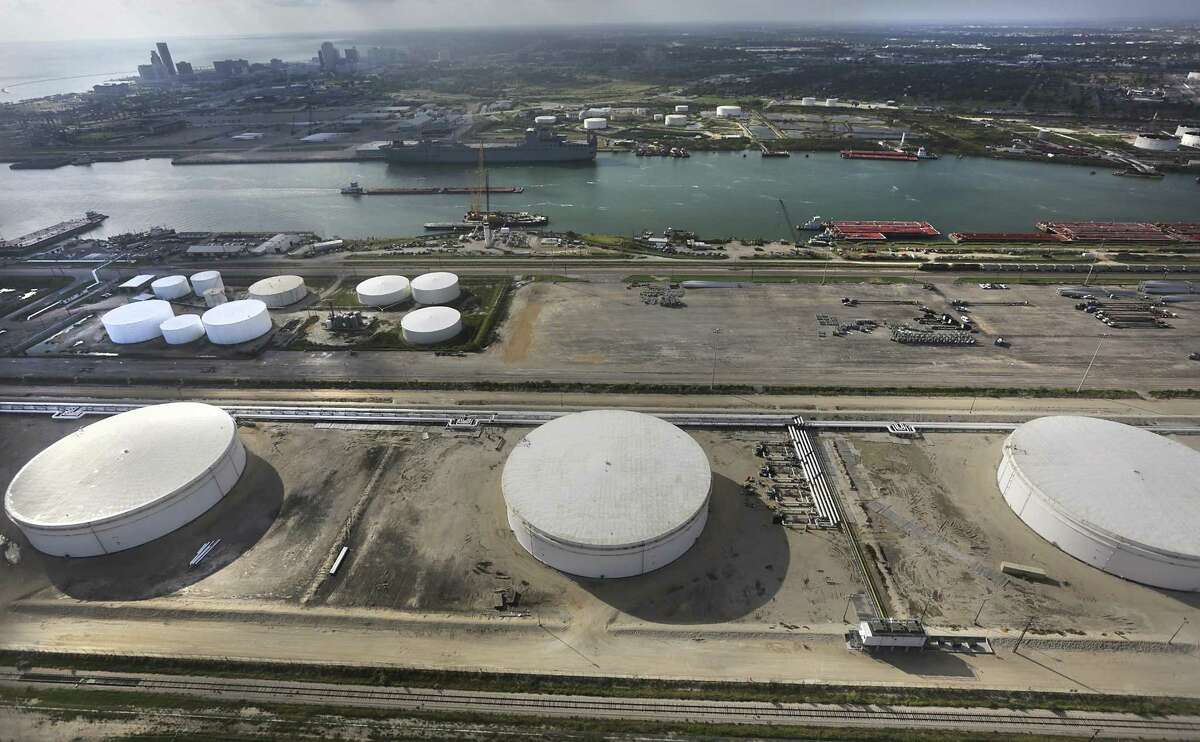 Three of the four crude oil storage tanks that hold 400,000 barrels at NuStar Energy Terminal at the Port Corpus Christi.